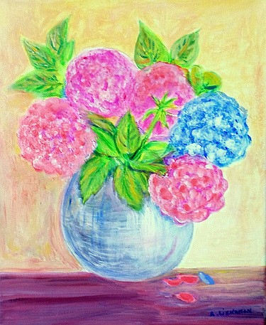 Le vase d'hortensias